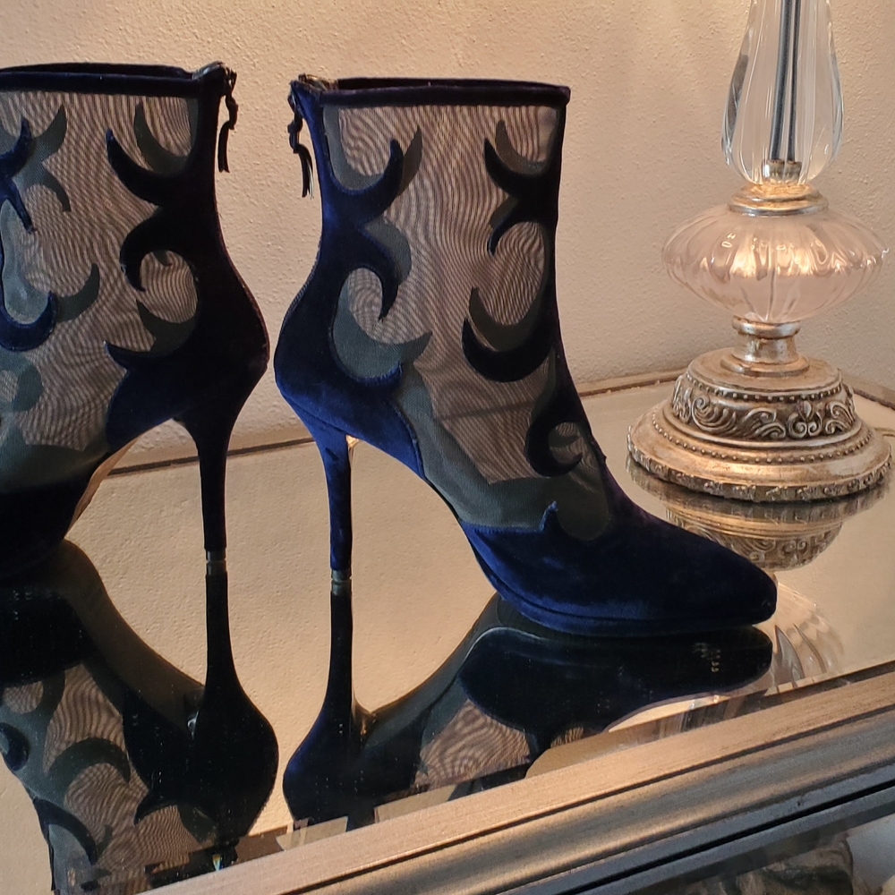 Stuart Weitzman Navy Velvet & Sheer Mesh Ankle Boots